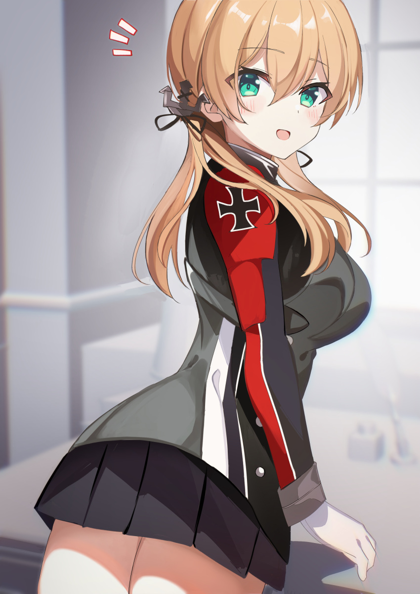 1girl absurdres black_skirt blonde_hair blush cowboy_shot fathom gloves green_eyes hair_between_eyes highres kantai_collection long_hair long_sleeves looking_at_viewer low_twintails military military_uniform no_headwear open_mouth pleated_skirt prinz_eugen_(kancolle) skirt smile solo twintails uniform white_gloves