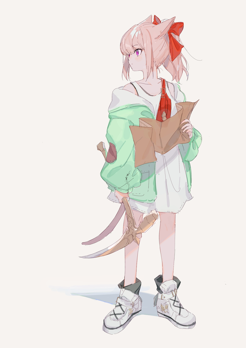 1girl animal_ears avatar_(ff14) cat_ears cat_girl cat_tail elbow_patches fanny_pack final_fantasy final_fantasy_xiv full_body funa_(sakana) green_jacket highres holding holding_map holding_pickaxe jacket light_brown_hair long_shirt map medium_hair miqo'te off_shoulder open_clothes open_jacket pickaxe shirt sketch sleeveless sleeveless_shirt tail violet_eyes white_shirt