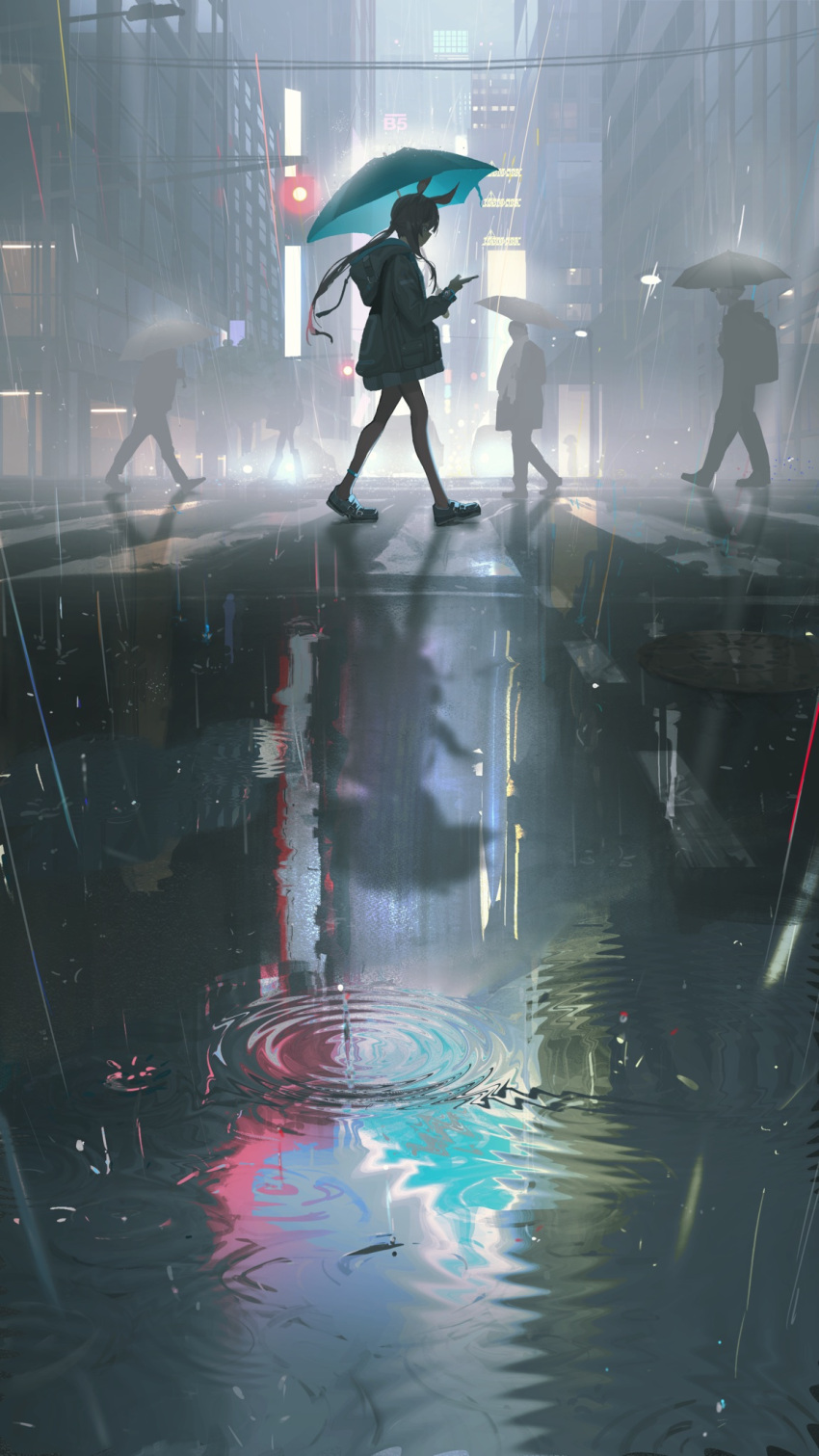 1girl 38_(sanjuuhachi) blue_umbrella brown_hair cellphone city city_lights coat hair_ornament highres holding holding_umbrella long_hair original outdoors phone rain reflection reflective_water shoes silhouette smartphone sneakers tagme twintails umbrella walking