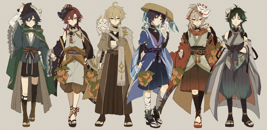 6+boys absurdres aether_(genshin_impact) ahoge alternate_costume arm_armor arm_up baggy_pants bandaged_leg bandages bangs bare_shoulders belt black_belt black_bow black_bowtie black_choker black_footwear black_hair black_headwear black_shirt black_shorts black_socks blonde_hair blue_eyes blue_hair blue_jacket blue_shorts blue_vest boots bow bowtie braid brown_belt brown_bow brown_eyes brown_footwear brown_hair brown_hairband brown_headwear brown_jacket brown_pants brown_ribbon buttons cape choker closed_mouth crossed_arms detached_sleeves earrings frills full_body genshin_impact gold gradient gradient_hair green_cape green_eyes green_hair green_vest grey_cape grey_eyes grey_hair grey_scarf grey_shirt hair_between_eyes hair_ornament hairband hand_on_headwear hands_on_hips hat highres jacket jewelry kaedehara_kazuha leaf long_hair long_sleeves looking_at_another looking_at_viewer male_focus mask mask_on_head multicolored_hair multiple_boys nail_polish necklace official_alternate_costume open_clothes open_vest pants pearl_necklace plant pom_pom_(clothes) puffy_long_sleeves puffy_sleeves purple_belt purple_bow purple_hair red_scarf redhead ribbon ryu_genshin77 sandals scaramouche_(genshin_impact) scaramouche_(wanderer)_(genshin_impact) scarf shikanoin_heizou shirt short_hair shorts sidelocks simple_background single_earring sleeveless sleeveless_shirt smile socks standing tanabata toenail_polish toenails twin_braids two-tone_hair v-shaped_eyebrows venti_(genshin_impact) vest violet_eyes white_shirt wide_sleeves xiao_(genshin_impact)