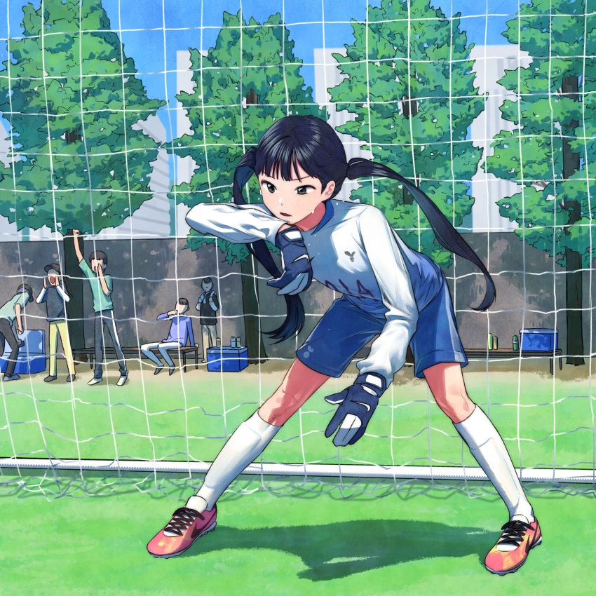 1girl 5others absurdres bent_over black_eyes black_hair ddini gloves goal goalkeeper highres kneehighs long_hair long_sleeves multiple_others net original outdoors parted_lips shoes shorts sneakers soccer soccer_uniform socks sportswear sweat tree twintails