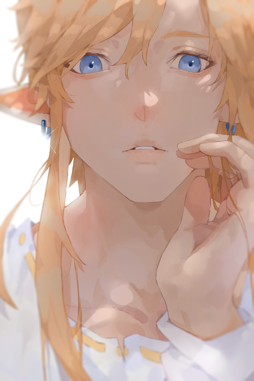 1boy absurdres blonde_hair blue_eyes collarbone earrings highres jewelry link looking_at_viewer niri_(eunhaha02) parted_lips pointy_ears simple_background teeth the_legend_of_zelda white_background