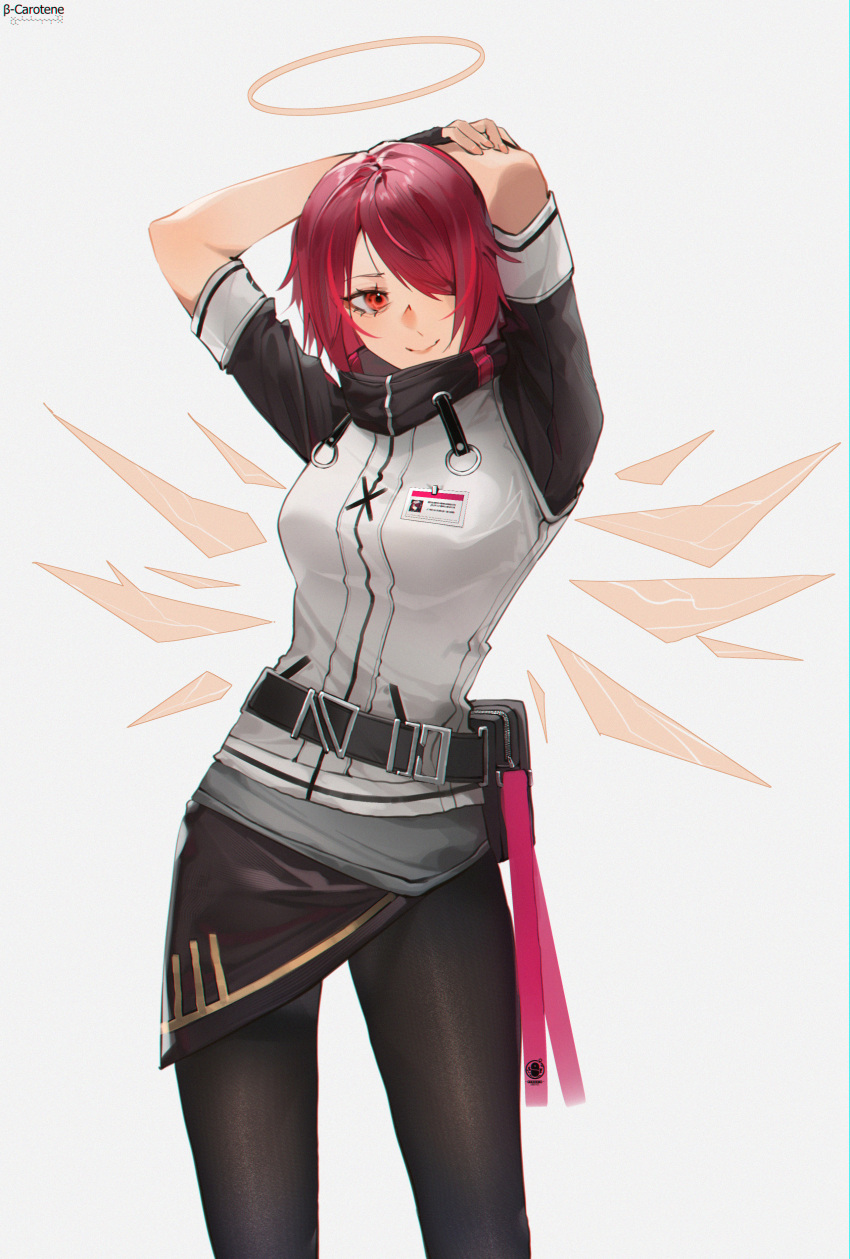 1girl absurdres angel arknights black_gloves closed_mouth energy_wings exusiai_(arknights) fingerless_gloves gloves hair_over_one_eye halo hands_up highres id_card jacket lufi_ays pantyhose raglan_sleeves red_eyes redhead short_hair simple_background solo watermark white_background white_jacket