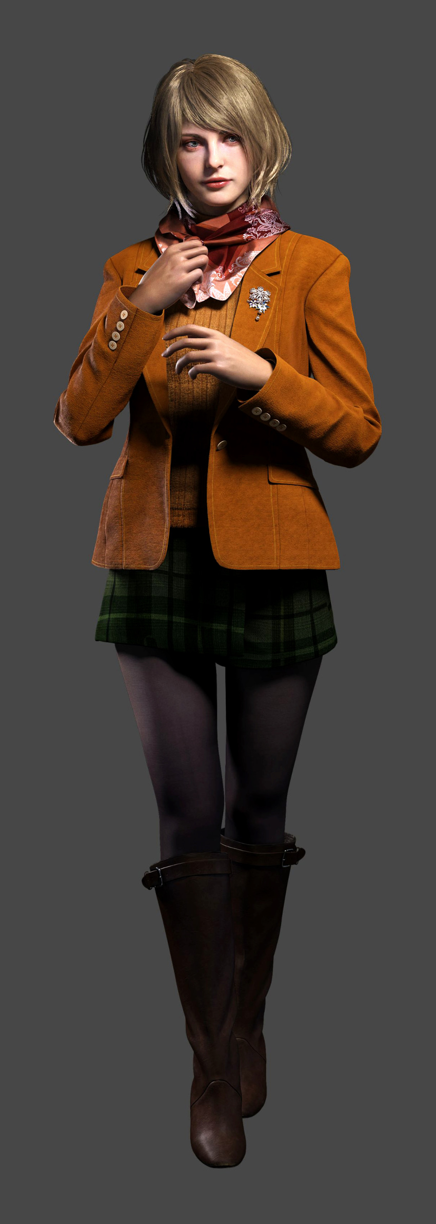 1girl absurdres ashley_graham bangs blonde_hair blue_eyes boots highres jacket non-web_source official_art open_clothes open_jacket pantyhose resident_evil resident_evil_4 resident_evil_4_(remake) scarf short_hair skirt solo sweater