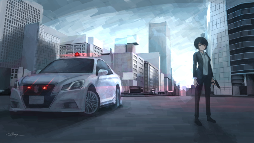 1girl apollos_ars black_eyes black_footwear black_hair black_jacket black_pants building car city cityscape closed_mouth commentary english_commentary formal ground_vehicle highres jacket long_sleeves looking_at_viewer motor_vehicle open_clothes open_jacket original outdoors pants police_car scenery shoes short_hair signature solo suit vehicle_request wide_shot