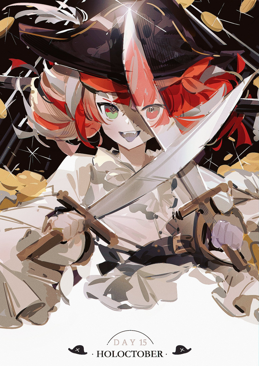 armor bangs coin dou dual_wielding gold_coin green_eyes hat heterochromia highres holding holding_sword holding_weapon hololive hololive_indonesia japanese_armor kureiji_ollie long_sleeves multicolored_hair open_mouth patchwork_skin pirate_hat ranqi070 red_eyes redhead solo stitched_face stitches sword tongue tongue_out two-tone_hair virtual_youtuber weapon white_hair