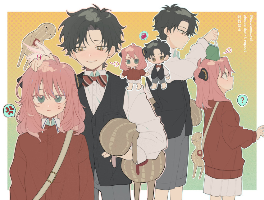 1boy 1girl ? aged_up anger_vein anya_(spy_x_family) bangs black_hair blush closed_mouth damian_desmond green_eyes hairpods height_difference highres holding_hands kawama_rei parted_bangs parted_lips pink_hair spoken_anger_vein spy_x_family stuffed_toy twitter_username yellow_eyes