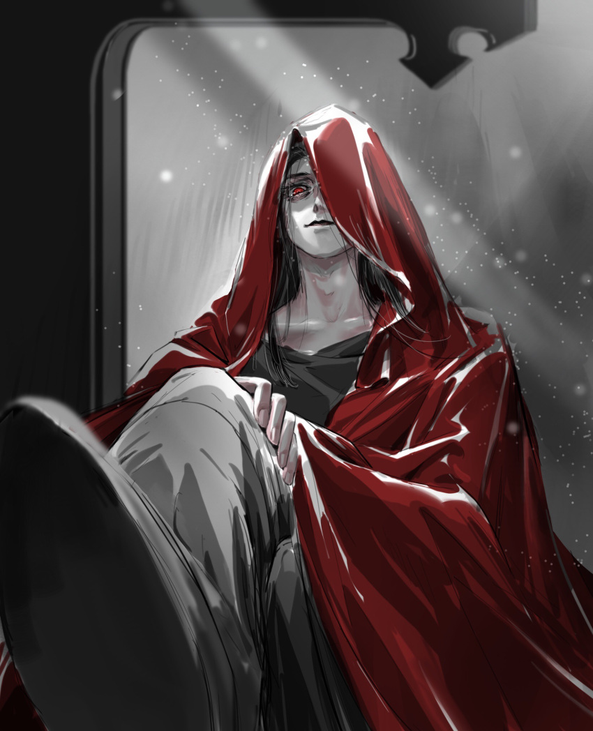 1boy adam's_apple black_hair btt59 chinese_commentary cloak collarbone commentary_request crossed_legs grey_pants hand_on_own_knee highres hood light_particles lips long_hair looking_down lord_of_the_mysteries male_focus mr._a nail pants red_cloak red_eyes smile solo