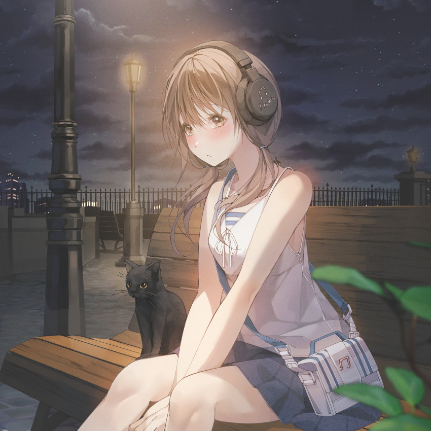 1girl absurdres bag bangs bare_shoulders between_legs black_cat blue_bra blue_skirt blue_sky blurry blurry_background blush bra brown_eyes brown_hair building cat closed_mouth clouds cloudy_sky english_commentary gate hair_over_shoulder hand_between_legs handbag headphones highres lamppost medium_hair night night_sky on_bench original outdoors patch_oxxo plant pleated_skirt shirt sitting skirt sky sleeveless sleeveless_shirt solo striped striped_bra twintails underwear white_bag white_shirt