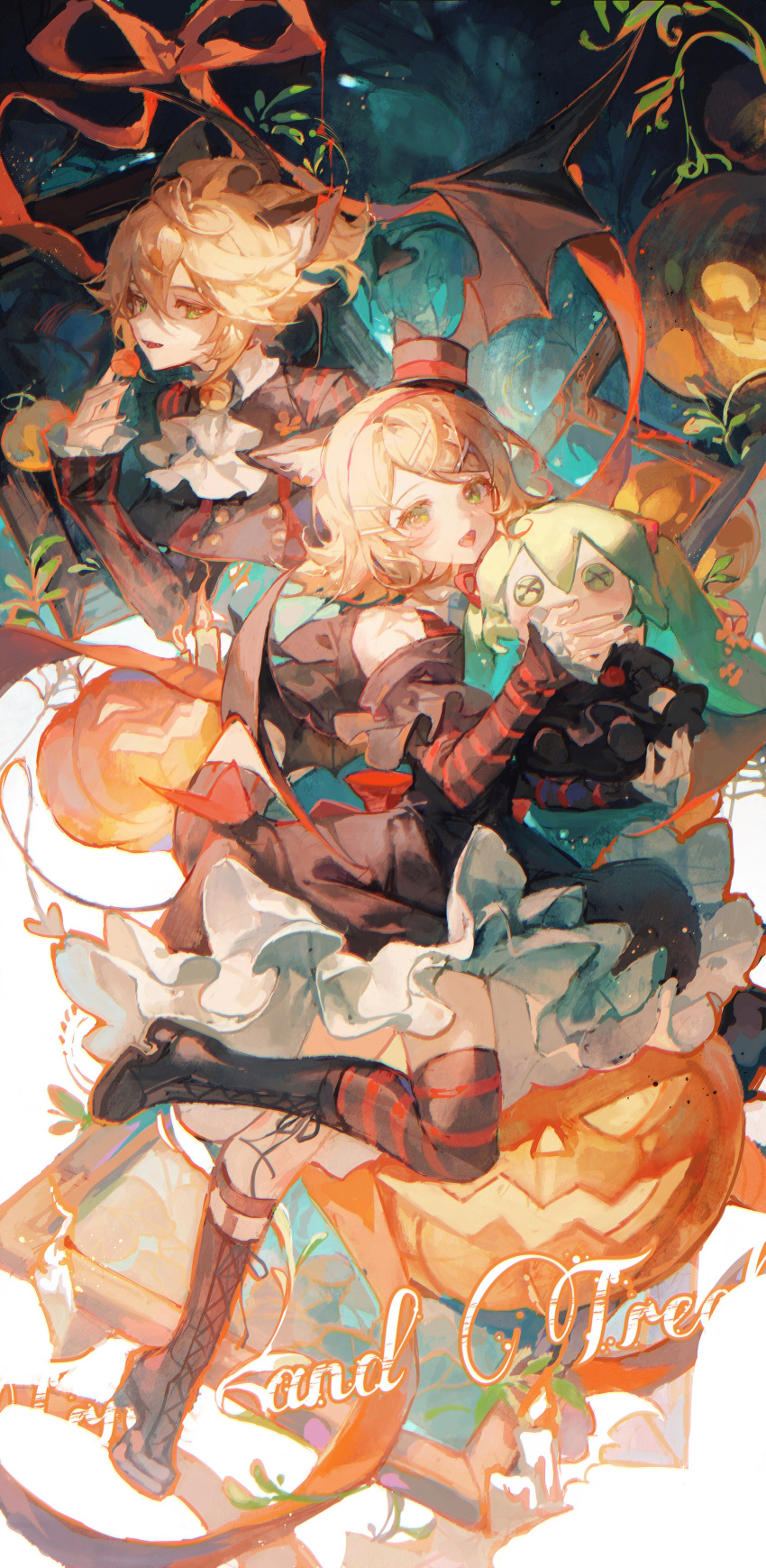 1boy 1girl absurdres bat_wings black_dress black_footwear black_shirt black_thighhighs blonde_hair commentary dress english_commentary english_text frilled_dress frills hat hatsune_miku highres holding holding_stuffed_toy jack-o'-lantern kagamine_len kagamine_rin leg_up looking_at_viewer looking_to_the_side maccha_(mochancc) open_mouth shirt shoes short_hair smile standing striped striped_shirt striped_thighhighs stuffed_animal stuffed_toy thigh-highs vertical-striped_shirt vertical_stripes vocaloid wings