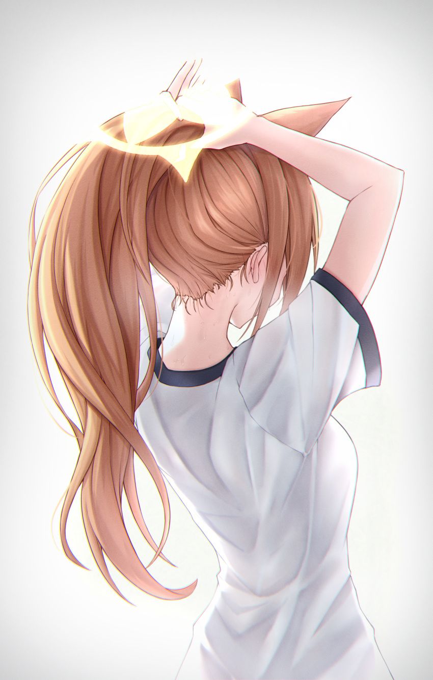 1girl absurdres adjusting_hair animal_ears arms_behind_head arms_up back blue_archive brown_hair cat_ears cat_girl commentary extra_ears from_above gym_shirt halo highres long_hair mari_(blue_archive) mari_(gym_uniform)_(blue_archive) nape official_alternate_costume ponytail reneua shirt short_sleeves sidelocks simple_background solo white_background