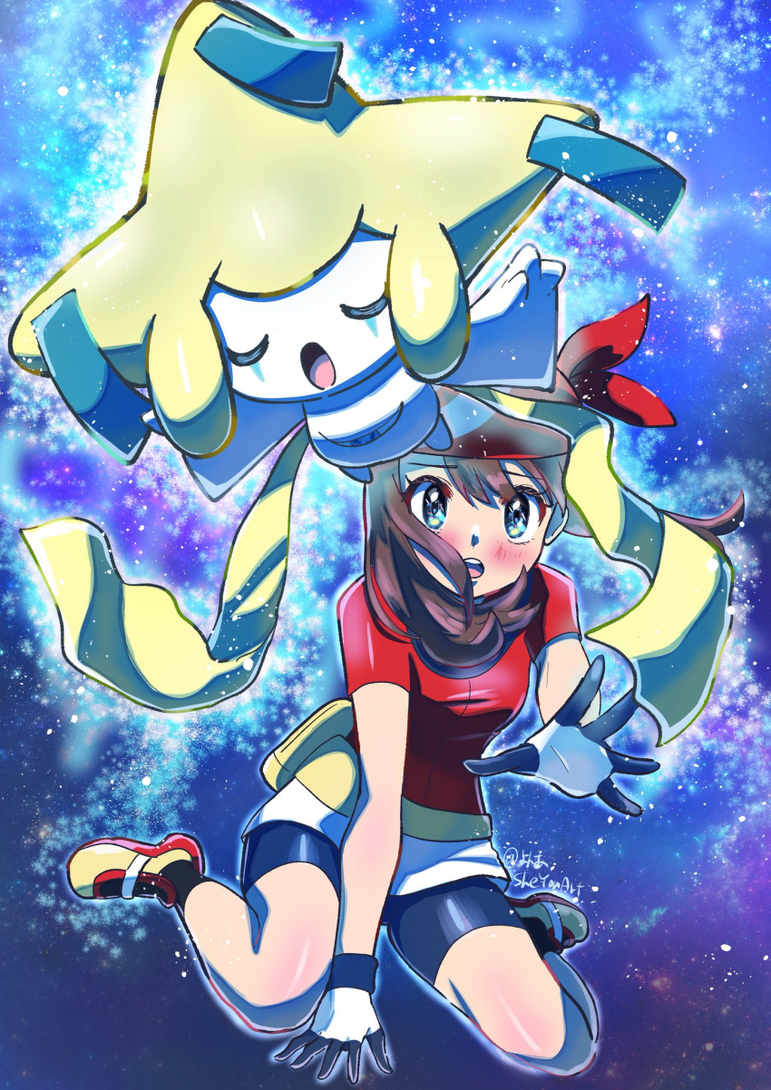 1girl bandana bangs bike_shorts black_gloves black_shorts blue_eyes brown_hair fanny_pack full_body gloves highres jirachi may_(pokemon) multicolored_clothes multicolored_gloves open_mouth outstretched_hand pokemon pokemon_(creature) pokemon_(game) pokemon_rse red_bandana red_shirt seiza shirt shorts sitting teeth tonayon upper_teeth white_gloves