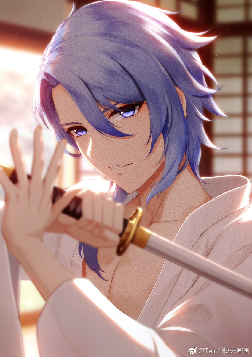 1boy blue_eyes blue_hair genshin_impact hair_between_eyes highres holding holding_sword holding_weapon japanese_clothes kamisato_ayato liu_guniang mole mole_under_mouth muscular muscular_male open_clothes pecs short_hair smile sword weapon