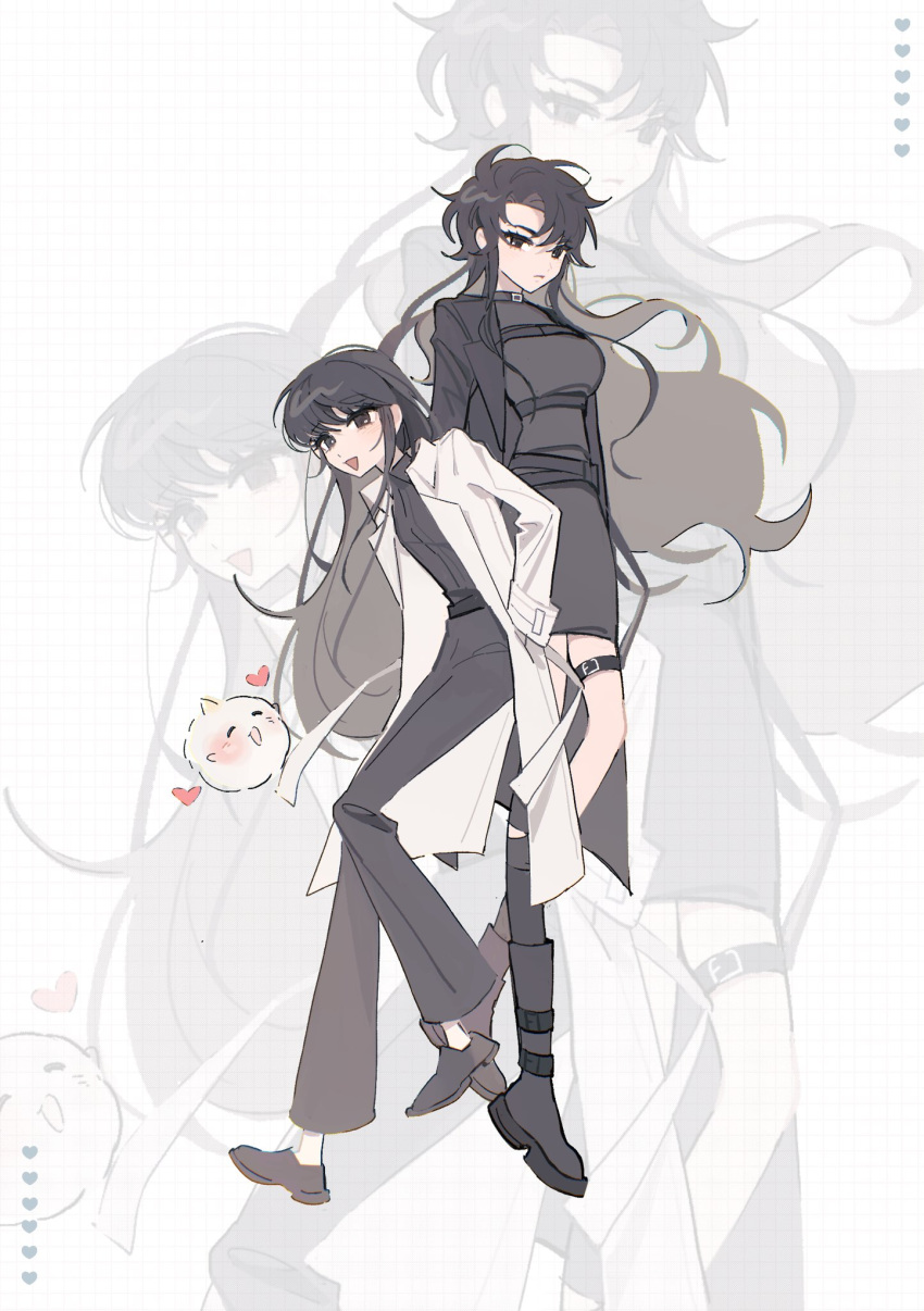 2girls bangs black_dress black_eyes black_footwear black_hair black_jacket black_pants black_shirt boots breasts closed_eyes closed_mouth collared_shirt commentary creature dress full_body genderswap genderswap_(mtf) grey_background grid_background hand_in_pocket heart highres jacket kim_dokja long_hair long_sleeves looking_at_viewer multiple_girls omniscient_reader's_viewpoint open_mouth pants shin_yoosung shirt shoes smile symbol-only_commentary thigh_strap white_jacket ya_qaq yoo_joonghyuk zoom_layer