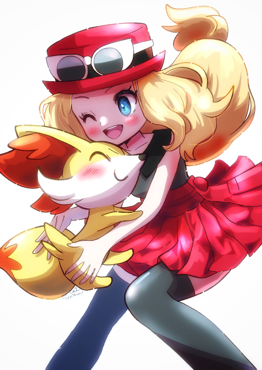 1girl absurdres black_shirt blonde_hair blue_eyes blush eyewear_on_headwear fennekin hat high-waist_skirt highres long_hair one_eye_closed open_mouth pokemon pokemon_(creature) pokemon_(game) pokemon_xy red_headwear serena_(pokemon) shirt skirt sleeveless sleeveless_shirt sunglasses teeth thigh-highs tonayon upper_teeth white_background