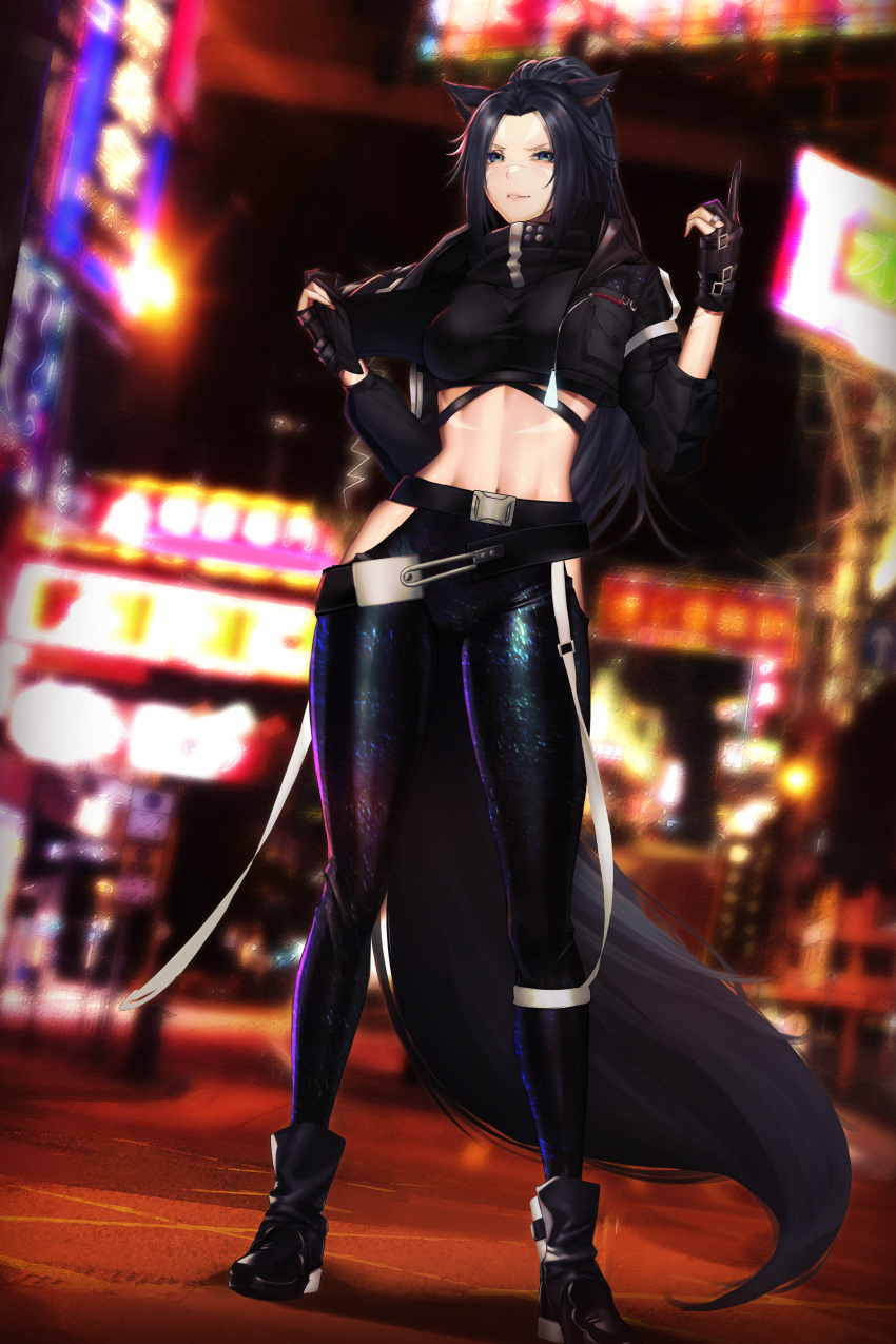 1girl absurdres ambience_synesthesia animal_ears arknights avatar_(ff14) belt black_gloves black_hair blue_eyes blurry blurry_background breasts cat_ears cat_tail cosplay cropped_jacket dutch_angle earrings final_fantasy final_fantasy_xiv gloves high_collar highres hip_vent jewelry long_hair medium_breasts midriff navel open_mouth pants partially_fingerless_gloves ponytail scar scar_on_face scar_on_nose solo tail texas_(arknights) texas_(arknights)_(cosplay) tight tight_pants zeri_(zeristudio)