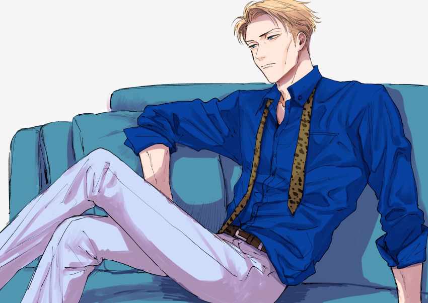 animal_print belt blonde_hair blue_eyes blue_shirt couch expressionless feet_out_of_frame highres jujutsu_kaisen leopard_print long_sleeves male_focus nanami_kento necktie pants shirt short_hair sitting solo undone_necktie white_background white_pants yellow_necktie yuu_(1969loy)