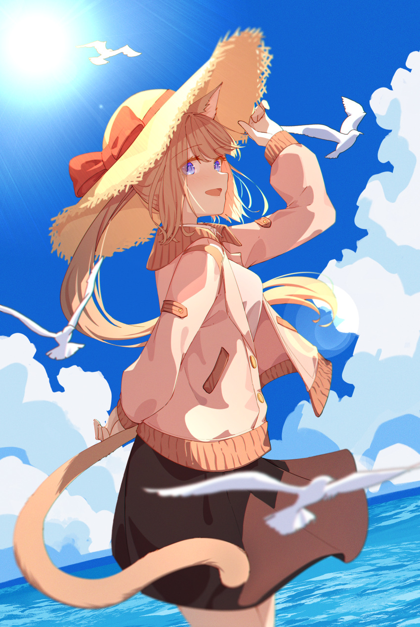 1girl 2022 absurdres animal_ears arm_behind_back arm_up bangs black_skirt blonde_hair blue_eyes blue_sky clouds cloudy_sky final_fantasy final_fantasy_xiv hat highres holding holding_clothes holding_hat jacket jl_tan looking_at_viewer miqo'te open_mouth original ponytail skirt sky smile solo standing sun sun_hat tail