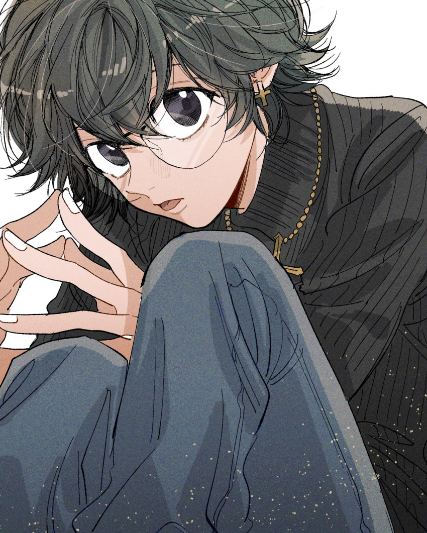 1girl bangs black_hair blue_pants cross cross_earrings cross_necklace denim earrings glasses hands_up highres hunter_x_hunter jeans jewelry karasuma_(wbeach01) knees_up light_particles looking_at_viewer necklace own_hands_together pants parted_lips round_eyewear shizuku_(hunter_x_hunter) short_hair simple_background sitting solo steepled_fingers tongue tongue_out turtleneck white_background