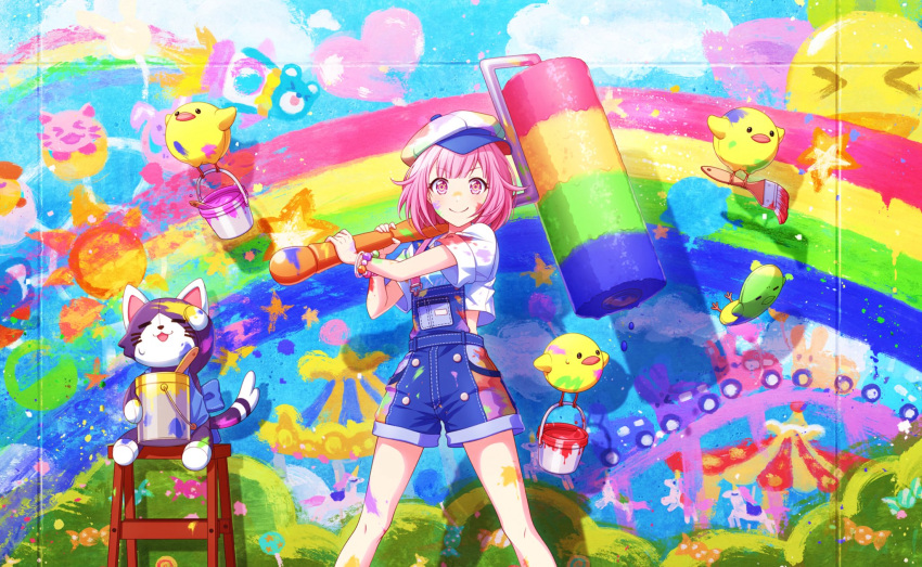 1girl blush bush carousel cloud day dress ferris_wheel heart looking_at_viewer official_art ootori_emu paint paint_splatter pink_eyes pink_hair plush project_sekai rainbow roller roller_coaster short_hair smile solo star stuffed_animal sweatdrop