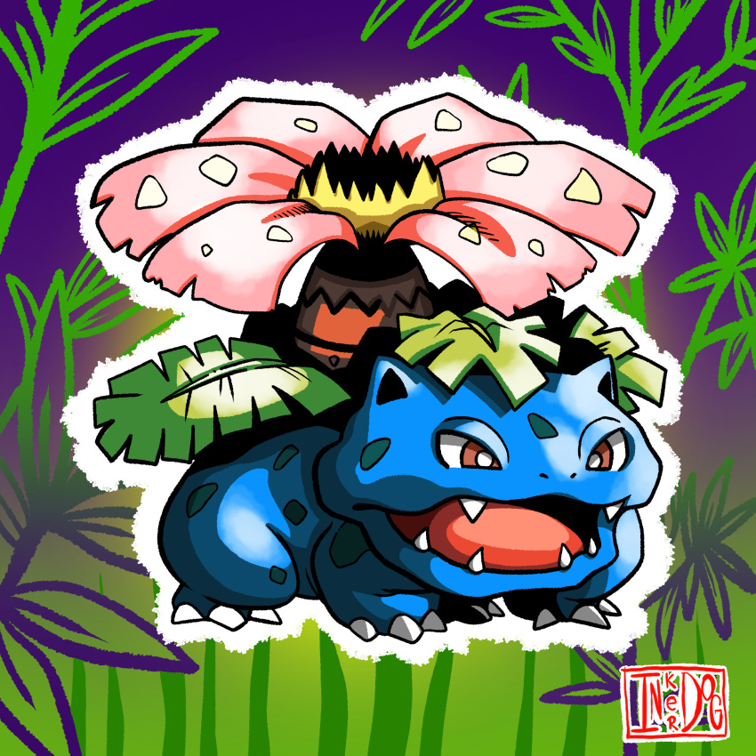 artist_logo artist_name blue_skin bright_pupils claws colored_skin fangs flower full_body highres leaf no_humans non-web_source open_mouth outline plant pokemon pokemon_(creature) pokemon_(game) purple_background red_eyes self_upload solo tongue venusaur white_outline white_pupils