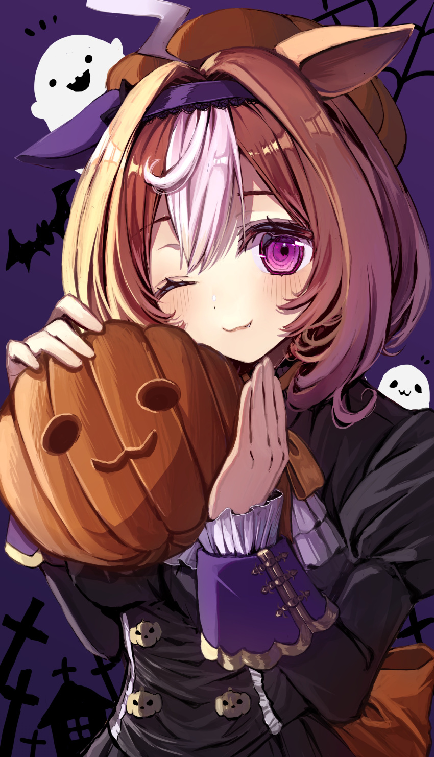 1girl ;) absurdres ahoge animal_ears black_dress blush brown_hair closed_mouth commentary days_in_a_flash_(umamusume) dress english_commentary fang fang_out ghost hairband halloween highres holding horse_ears jack-o'-lantern juliet_sleeves long_sleeves meisho_doto_(dot-o'-lantern)_(umamusume) meisho_doto_(umamusume) multicolored_hair one_eye_closed puffy_sleeves purple_background purple_hairband simple_background sleeves_past_wrists smile solo two-tone_hair umamusume upper_body violet_eyes white_hair xx_momomo_xx