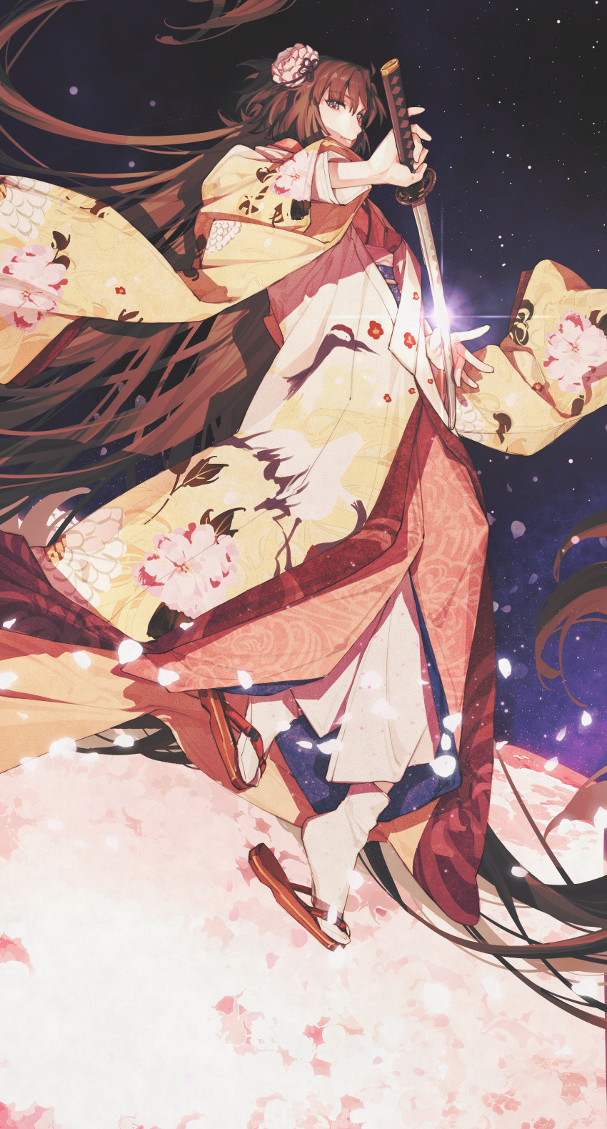 1girl absurdres brown_hair commentary fate/grand_order fate_(series) field floral_print flower flower_field hair_flower hair_ornament highres holding holding_sword holding_weapon japanese_clothes kara_no_kyoukai katana kimono long_hair looking_at_viewer night night_sky petals qiuyun62303677 ryougi_shiki ryougi_shiki_(third_ascension) sky smile solo sword very_long_hair weapon wide_sleeves