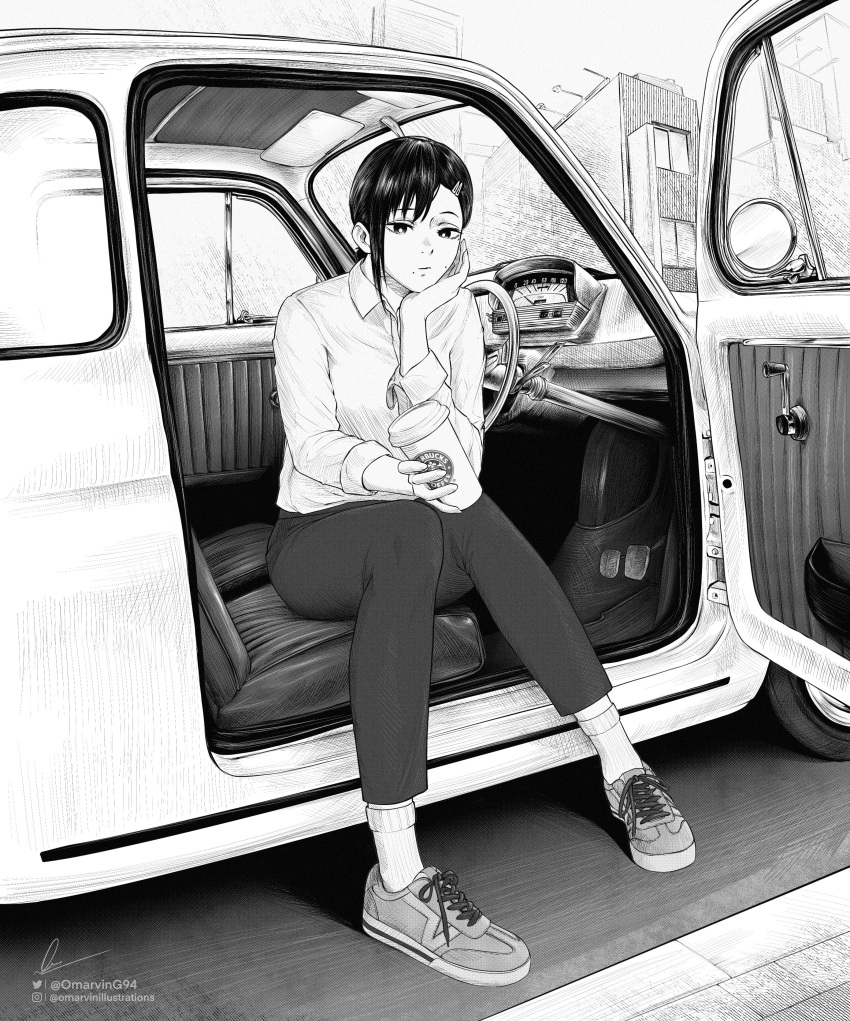 1girl absurdres alternate_costume artist_name asymmetrical_hair breasts car casual chainsaw_man closed_mouth coffee coffee_cup collared_shirt commentary cross-laced_footwear cup disposable_cup expressionless full_body greyscale ground_vehicle hair_ornament hairclip head_rest higashiyama_kobeni highres holding holding_cup instagram_username knees_together_feet_apart kobeni's_car_(chainsaw_man) long_sleeves looking_at_viewer marvin_(omarvin) mole mole_on_cheek mole_under_mouth monochrome motor_vehicle open_door pants shirt shoes short_hair signature sitting small_breasts sneakers socks solo starbucks twitter_username wing_collar
