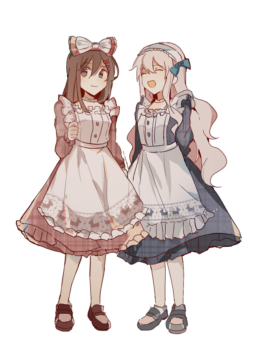 2girls ^_^ alternate_costume apron arms_behind_back blue_dress blue_footwear blue_hairband bow brown_eyes brown_hair choker closed_eyes deer_print dress enmaided frilled_sleeves frills hair_bow hair_ornament hairband hairclip highres kagerou_project kozakura_marry long_hair long_sleeves looking_to_the_side maid mekakucity_actors multiple_girls otorigg red_dress red_footwear simple_background smile socks tateyama_ayano very_long_hair white_apron white_background white_choker white_hair white_socks