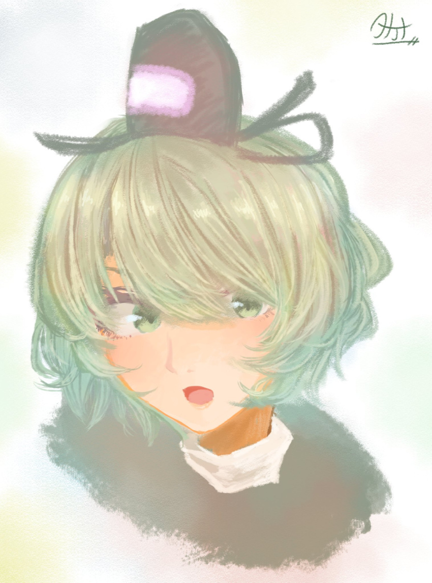 1girl bangs cropped_shoulders green_eyes green_hair hair_over_one_eye hat highres looking_at_viewer open_mouth short_hair simple_background soga_no_tojiko solo swept_bangs takana_(forsterite) tate_eboshi touhou white_background