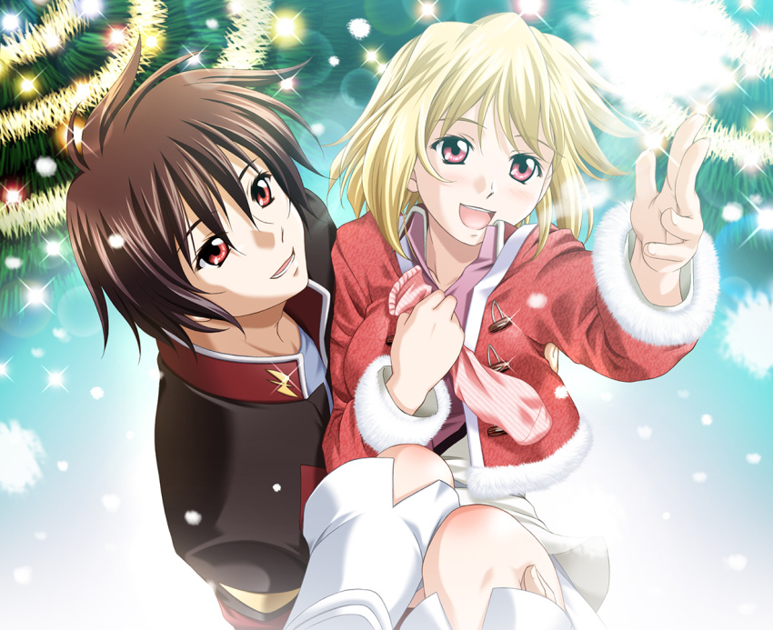 1boy 1girl :d arm_up bangs black_jacket blonde_hair boots brown_hair carrying christmas christmas_tree couple from_above fur-trimmed_jacket fur-trimmed_sleeves fur_trim gundam gundam_seed hair_between_eyes hetero igulxxx jacket knee_boots lens_flare long_hair long_sleeves looking_up miniskirt open_clothes open_jacket open_mouth pink_shirt princess_carry red_eyes red_jacket shinn_asuka shiny shiny_hair shirt short_hair skirt smile sparkle stellar_loussier white_footwear white_skirt