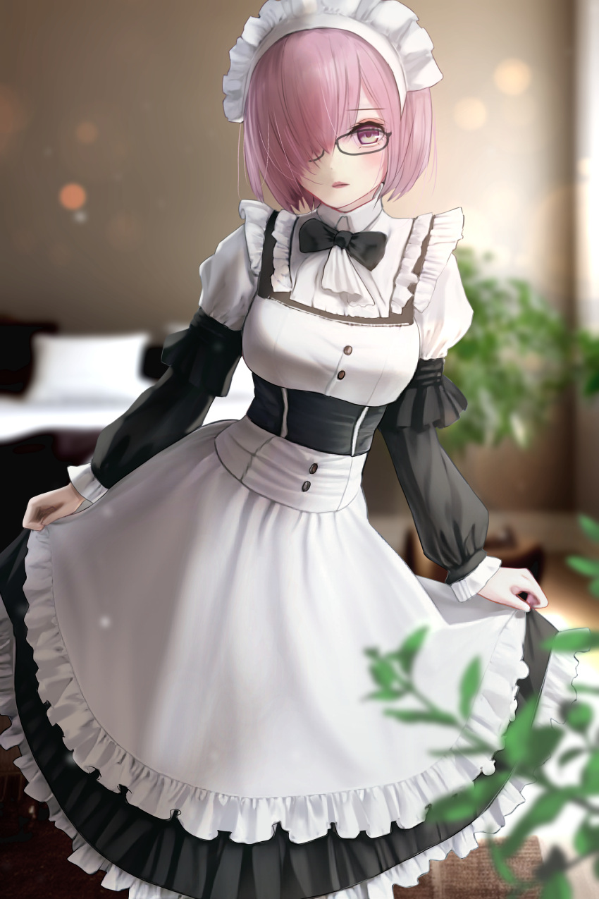 1girl absurdres alternate_costume aomaru_(shta-chu-jisuiai) apron black-framed_eyewear black_bow black_dress blurry blurry_background bow bowtie buttons commentary_request dress enmaided fate/grand_order fate_(series) frilled_dress frills glasses hair_over_one_eye highres indoors juliet_sleeves light_purple_hair long_sleeves looking_at_viewer maid maid_headdress mash_kyrielight one_eye_covered pointy_ears puffy_sleeves short_hair skirt_hold solo two-tone_dress violet_eyes waist_apron white_apron white_dress