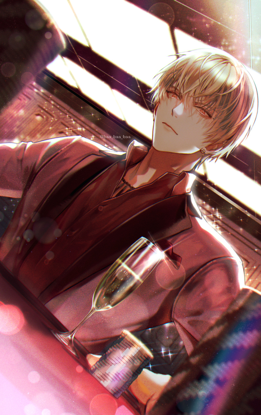 1boy alternate_costume bangs blonde_hair casino champagne_flute closed_mouth collared_shirt cup drinking_glass earrings expressionless fate/strange_fake fate_(series) gilgamesh_(fate) highres jacket jewelry long_sleeves looking_at_viewer male_focus necklace poker_chip red_eyes red_jacket red_shirt sakura_hitsuji shiny shiny_hair shirt short_hair solo sparkle twitter_username upper_body