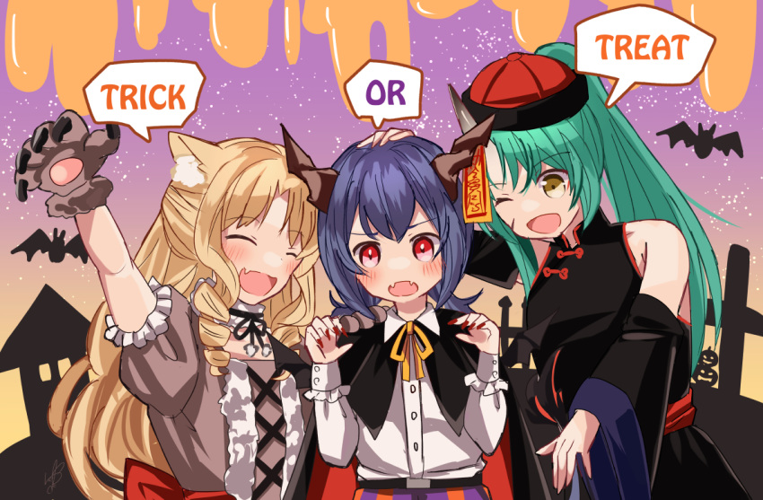 3girls :d ;d ^_^ animal animal_ear_fluff animal_ears animal_hands arknights arm_up bangs bare_shoulders bat_(animal) black_cape black_dress black_sleeves blonde_hair blue_hair blush brown_dress brown_eyes brown_gloves cape ch'en_(arknights) closed_eyes collared_shirt commentary_request detached_sleeves dress dress_shirt facing_viewer fang fangs fingernails gloves green_hair hair_between_eyes halloween hand_on_another's_head hands_up hat horns hoshiguma_(arknights) jiangshi_costume long_fingernails long_hair long_sleeves looking_at_viewer low_twintails multiple_girls nail_polish neck_ribbon ofuda one_eye_closed paw_gloves puffy_short_sleeves puffy_sleeves qing_guanmao red_eyes red_headwear red_nails ribbon ringlets sharp_fingernails shirt short_sleeves single_horn sleeveless sleeveless_dress smile swire_(arknights) trick_or_treat tsuyuki_yuki twintails v-shaped_eyebrows very_long_hair white_shirt wide_sleeves yellow_ribbon
