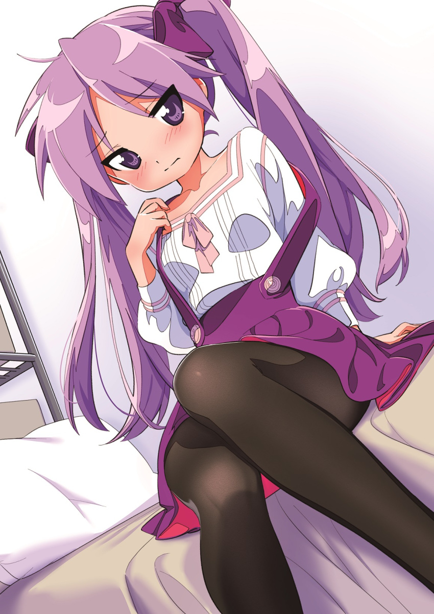 1girl :d arm_support bangs bed bedroom black_pantyhose blush bow collarbone commentary_request dutch_angle facing_viewer feet_out_of_frame hair_bow hand_up highres hiiragi_kagami hotaru_iori ichimi_renge indoors long_hair long_sleeves looking_at_viewer lucky_star on_bed open_mouth pantyhose pillow pink_ribbon puffy_long_sleeves puffy_sleeves purple_bow purple_hair purple_skirt ribbon second-party_source shirt sitting skirt smile solo suspender_skirt suspenders suspenders_slip tsurime twintails very_long_hair violet_eyes white_shirt
