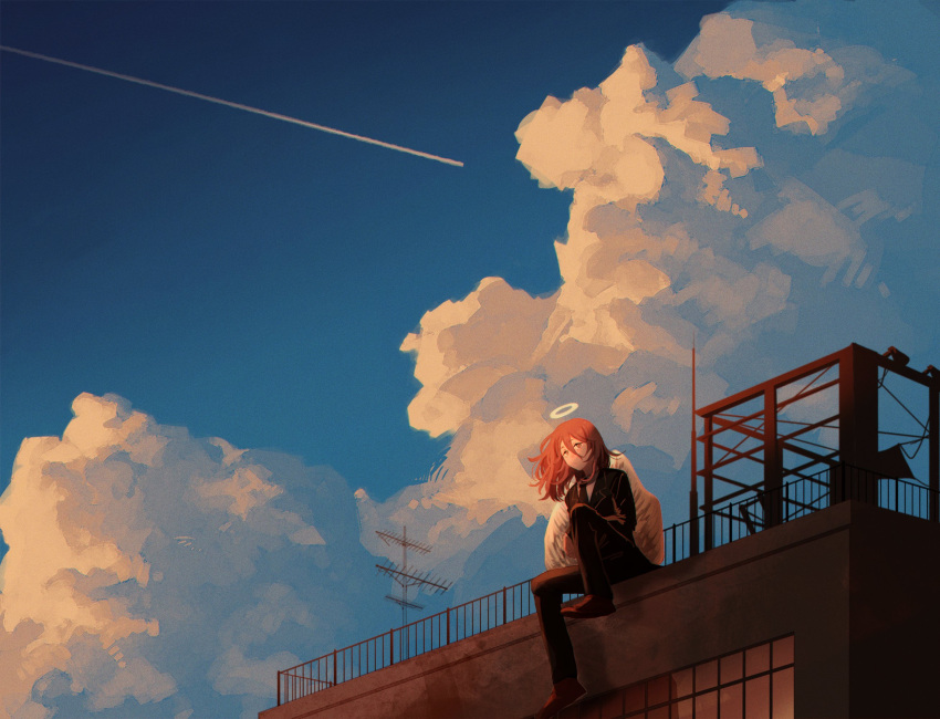 1boy angel_devil_(chainsaw_man) angel_wings bangs black_jacket black_necktie black_pants blue_sky brown_hair building chainsaw_man champi clouds cloudy_sky evening formal halo highres jacket long_hair necktie pants sitting sky solo suit white_wings window wings
