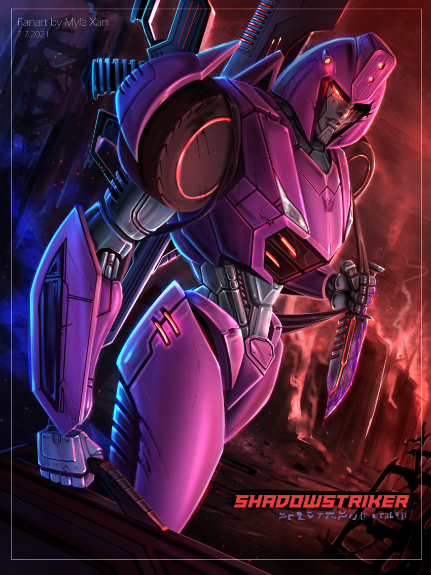 1girl artist_name character_name damaged dated english_commentary fire from_side glowing glowing_eye highres holding holding_knife knife looking_at_viewer mecha myla_xan parted_lips piston red_eyes robot science_fiction shadow_striker_(transformers) transformers transformers_cyberverse
