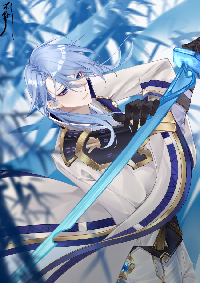 1boy absurdres black_gloves blue_eyes blue_hair buzheng61241 closed_mouth genshin_impact gloves hair_between_eyes highres holding holding_sword holding_weapon japanese_clothes kamisato_ayato long_sleeves male_focus mole mole_under_mouth smile solo sword weapon