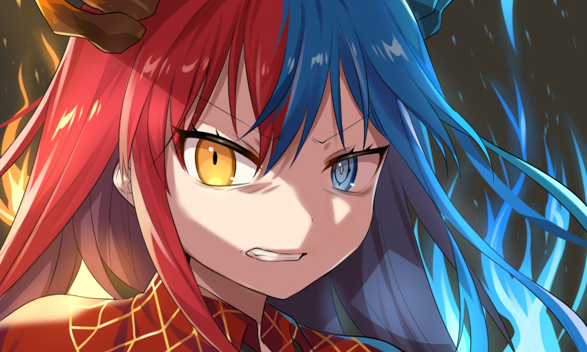 1girl angry bangs blue_eyes blue_fire blue_hair blue_horns bright_pupils clenched_teeth close-up commission commissioner_upload dragon_girl dragon_horns dress fiery_background fire heterochromia highres horns inferna_dragnis long_hair looking_at_viewer necktie non-web_source orange_eyes original red_horns redhead solo standing teeth usagi1923 white_pupils