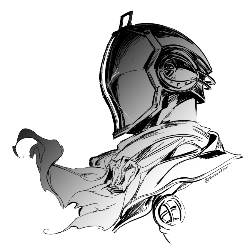 1boy ascot bondrewd chinese_commentary coat commentary_request covered_face cropped_shoulders diffraction_spikes from_side gradient greyscale helmet highres made_in_abyss male_focus monochrome portrait profile signature simple_background solo whistle zioquixote