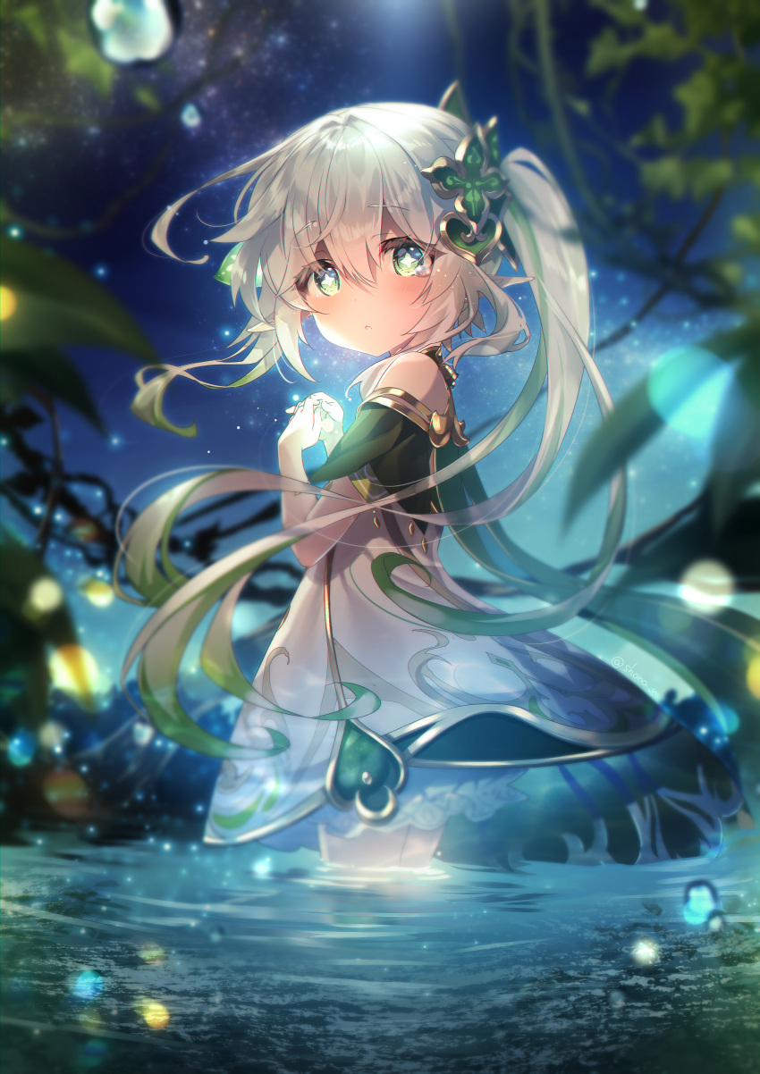 1girl absurdres bare_shoulders blurry cross-shaped_pupils depth_of_field detached_sleeves dress floating_hair genshin_impact green_eyes green_hair hair_ornament highres leaf leaf_hair_ornament long_hair looking_at_viewer nahida_(genshin_impact) night night_sky parted_lips plant short_dress short_sleeves shouna_mitsuishi side_ponytail sky solo star_(sky) starry_sky wading water water_drop white_hair