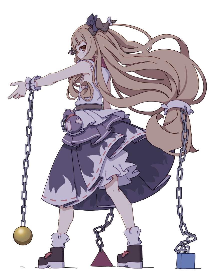 1girl absurdres belt black_footwear blonde_hair blouse bow chain cube footwear_bow from_behind gourd hair_bow high_heels highres horn_bow horn_ornament horn_ribbon horns ibuki_suika kame_(kamepan44231) long_hair looking_at_viewer looking_back low-tied_long_hair oni_horns orb purple_bow purple_ribbon purple_skirt pyramid_(structure) red_bow ribbon ribbon-trimmed_skirt ribbon_trim shirt shoes sidelocks simple_background skirt sleeveless sleeveless_shirt socks solo touhou very_long_hair white_background white_shirt wrist_cuffs yellow_eyes