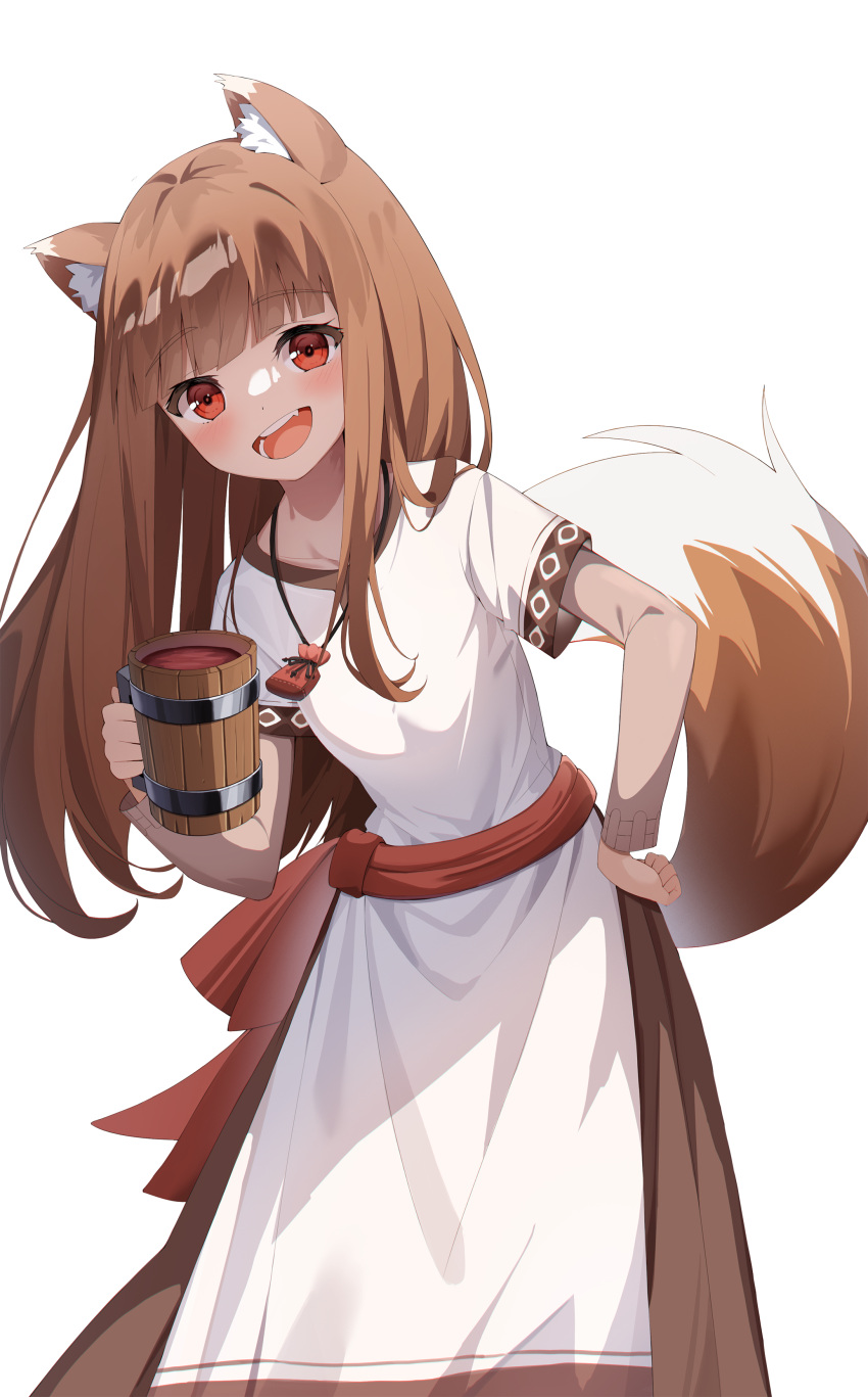 1girl :d absurdres animal_ears apron blush brown_hair brown_skirt cup drink hand_on_hip highres holding holding_cup holo leaning_forward long_hair looking_at_viewer mushi_(1756559585) red_eyes shirt short_sleeves simple_background skirt smile solo spice_and_wolf tail tankard very_long_hair waist_apron white_apron white_background white_shirt wolf_ears wolf_girl wolf_tail