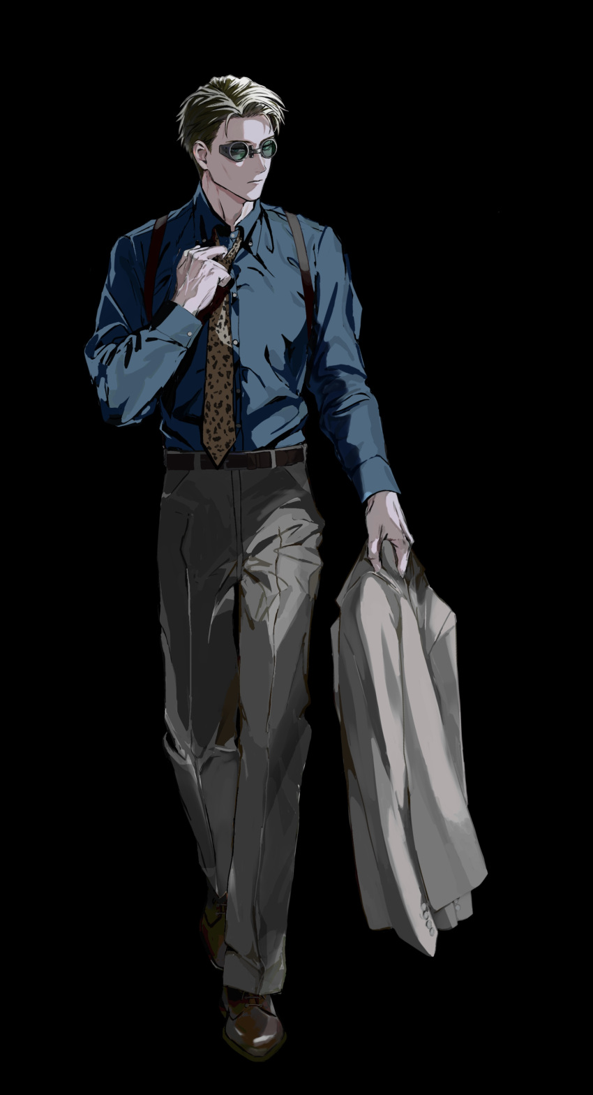 1boy absurdres adjusting_clothes adjusting_necktie animal_print belt black_background blonde_hair blue_shirt brown_belt brown_footwear expressionless formal full_body goggles grey_pants grey_suit highres holding holding_clothes jujutsu_kaisen leopard_print lips long_sleeves looking_at_viewer male_focus nanami_kento necktie okusawa pants shirt shoes short_hair solo suit suspenders yellow_necktie