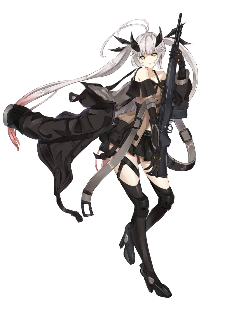 1girl absurdres antenna_hair battle_rifle boots corruption girls_frontline gun highres holding holding_gun holding_weapon long_hair m14 m14_(girls'_frontline) mod3_(girls'_frontline) mutugorou_u pale_skin rifle sangvis_ferri solo thigh_boots twintails weapon white_background white_hair yellow_eyes