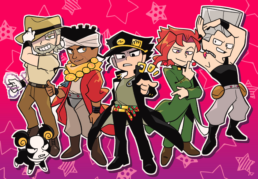 5boys beard belt black_eyes black_hair brown_eyes chain dark-skinned_male dark_skin dog earrings facial_hair flattop gakuran gloves grey_hair haku_le hat headband hermit_purple highres iggy_(jojo) jean_pierre_polnareff jewelry jojo_no_kimyou_na_bouken jojo_pose joseph_joestar joseph_joestar_(old) kakyoin_noriaki kujo_jotaro male_focus mohammed_avdol multiple_boys pose pouch redhead school_uniform stand_(jojo) stardust_crusaders starry_background thumbs_up violet_eyes white_gloves