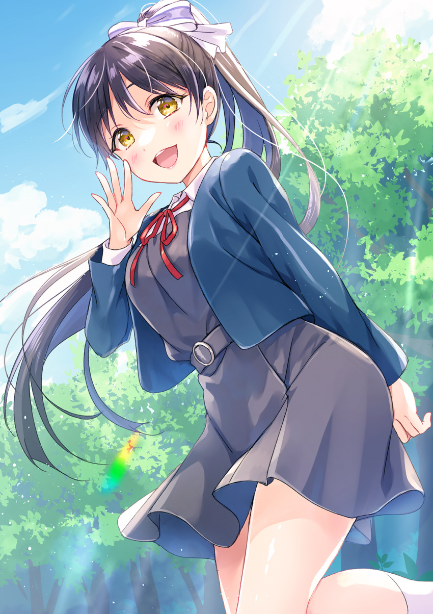 1girl :d arm_behind_back bangs blue_jacket blue_sky blush bow brown_hair clouds collared_shirt day dress floating_hair grey_dress hair_between_eyes hair_bow hazuki_ren high_ponytail highres jacket long_hair long_sleeves looking_at_viewer love_live! love_live!_superstar!! neck_ribbon open_clothes open_jacket open_mouth outdoors pinafore_dress red_ribbon ribbon sakou_mochi school_uniform shiny shiny_hair shirt short_dress sky smile socks solo standing standing_on_one_leg sunlight very_long_hair white_bow white_shirt white_socks wing_collar yellow_eyes yuigaoka_school_uniform