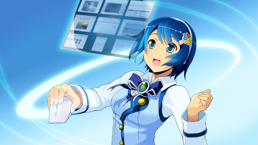 1girl :d bangs blue_bow blue_bowtie blue_eyes blue_hair blue_vest bow bowtie collared_shirt hair_ornament hairband hairclip highres holding long_sleeves madobe_nanami microsoft mouse_(computer) open_mouth os-tan shiny shiny_hair shirt short_hair smile solo upper_body vest white_hairband white_shirt wing_collar