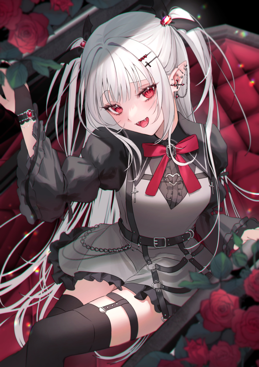 1girl :d anoa arm_up black_shirt black_thighhighs bow breasts bridal_gauntlets center_frills coffin collared_shirt commentary_request dress ear_piercing fangs feet_out_of_frame flower frilled_dress frills gem grey_dress grey_hair hair_ornament hairclip heart heart_hair_ornament highres long_hair looking_at_viewer medium_breasts original piercing pointy_ears red_bow red_eyes red_flower red_gemstone red_rose rose shirt sitting smile solo thigh-highs two_side_up very_long_hair wing_hair_ornament