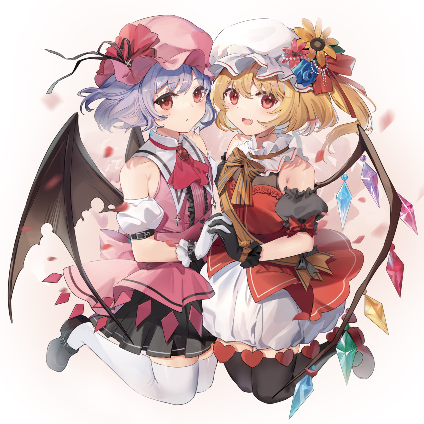 2girls :d absurdres ascot back_bow bat_wings black_footwear black_gloves black_skirt black_thighhighs blonde_hair blue_flower blue_hair blue_rose blush bow bowtie brooch collar commentary_request crystal fang flandre_scarlet flower full_body gloves hat hat_flower hat_ribbon highres jewelry kita_(kitairoha) loafers looking_at_viewer mob_cap multiple_girls open_mouth orange_bow orange_bowtie pink_bow pink_headwear pink_shirt ponytail red_ascot red_bow red_eyes red_flower red_footwear red_ribbon red_shirt remilia_scarlet ribbon rose shirt shoes short_hair siblings simple_background sisters skin_fang skirt smile striped striped_bow striped_bowtie sunflower thigh-highs touhou white_background white_collar white_gloves white_headwear white_skirt white_thighhighs wings yellow_flower